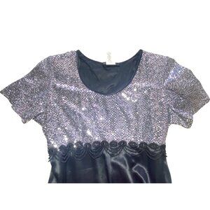 Black Maxi Dress Silver Sequin Bodice Short Sleeves Scoop Neck‎ Y2K Glam Holiday
